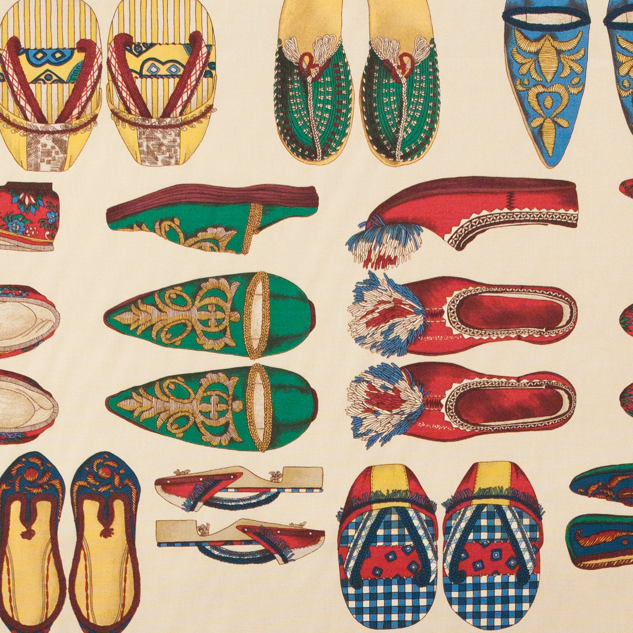 Pattern of colorful oriental slippers with intricate designs on a beige background
