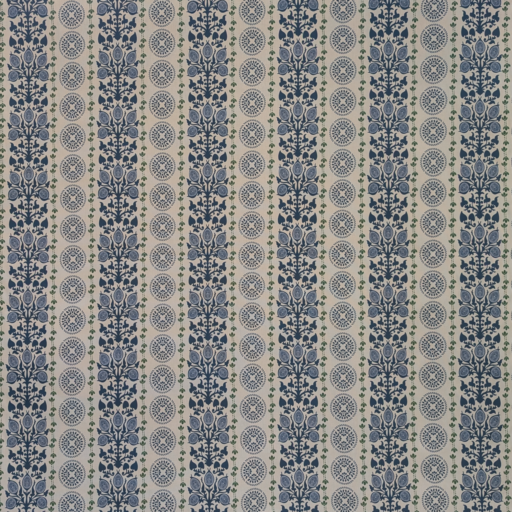Patterned fabric with blue and beige stripes on a plain background