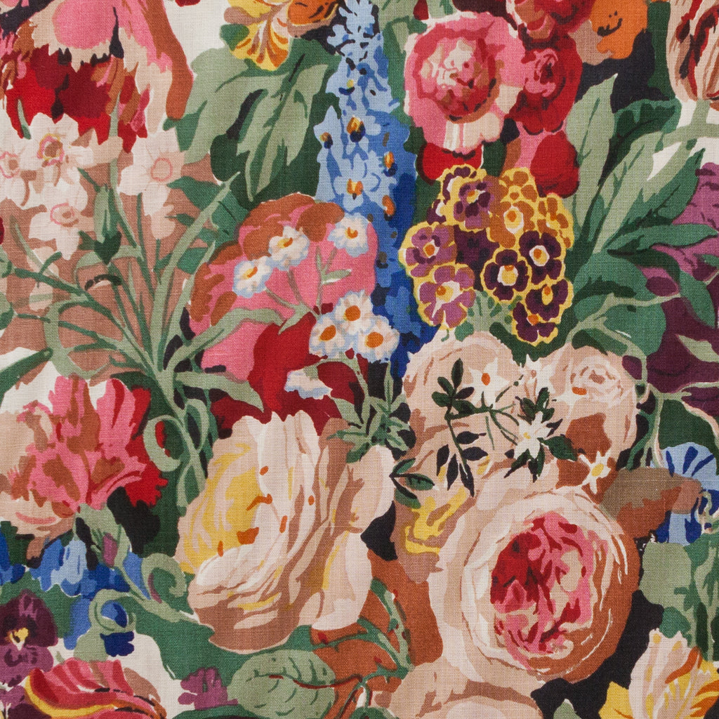 Close-up of a vibrant floral pattern block printed on fabric