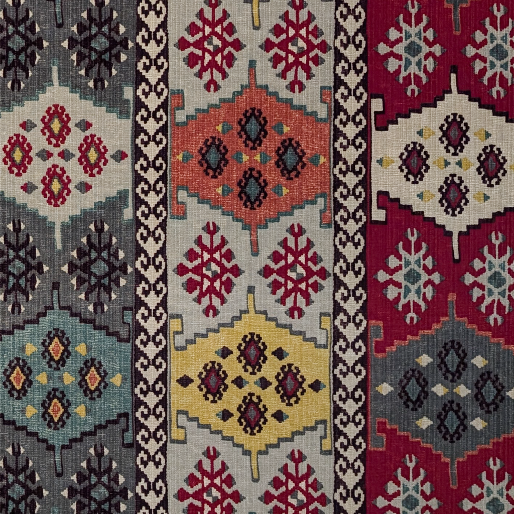 Patterned rug with geometric design in red, blue, yellow, and beige.
