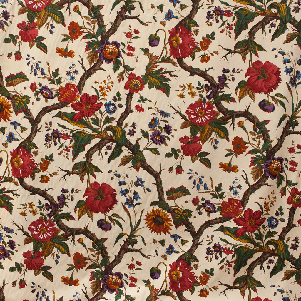 Detailed floral pattern with red and orange flowers on a beige background