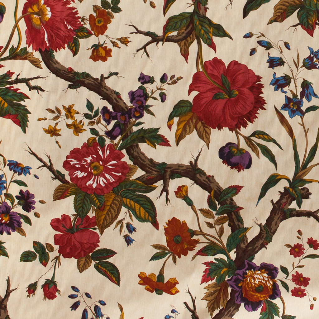 Detailed floral pattern with red and orange flowers on a beige background