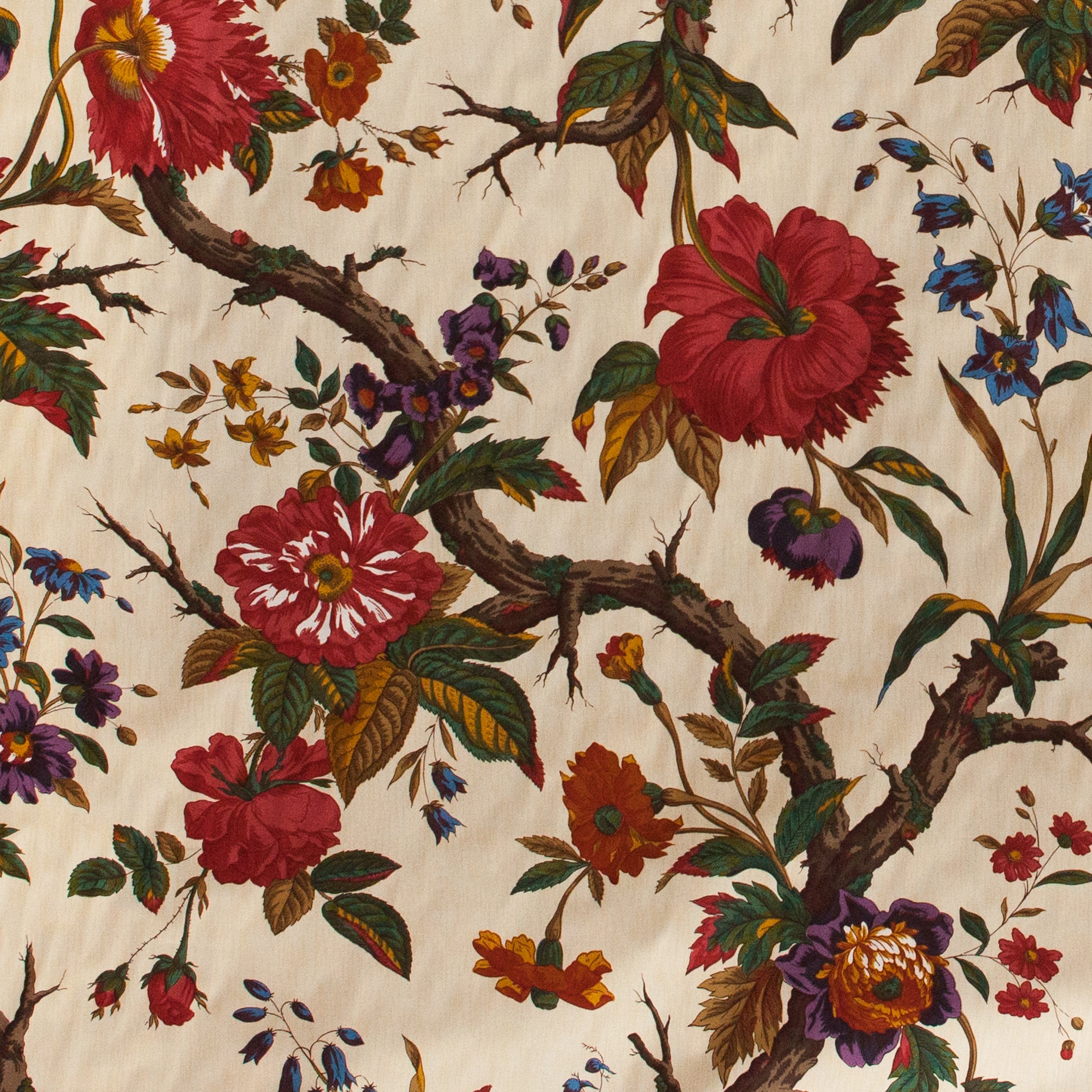 Detailed floral pattern with red and orange flowers on a beige background