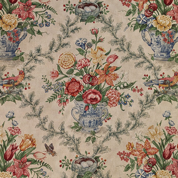 Floral and nature-themed fabric with flowers, birds, and urns on a beige background.