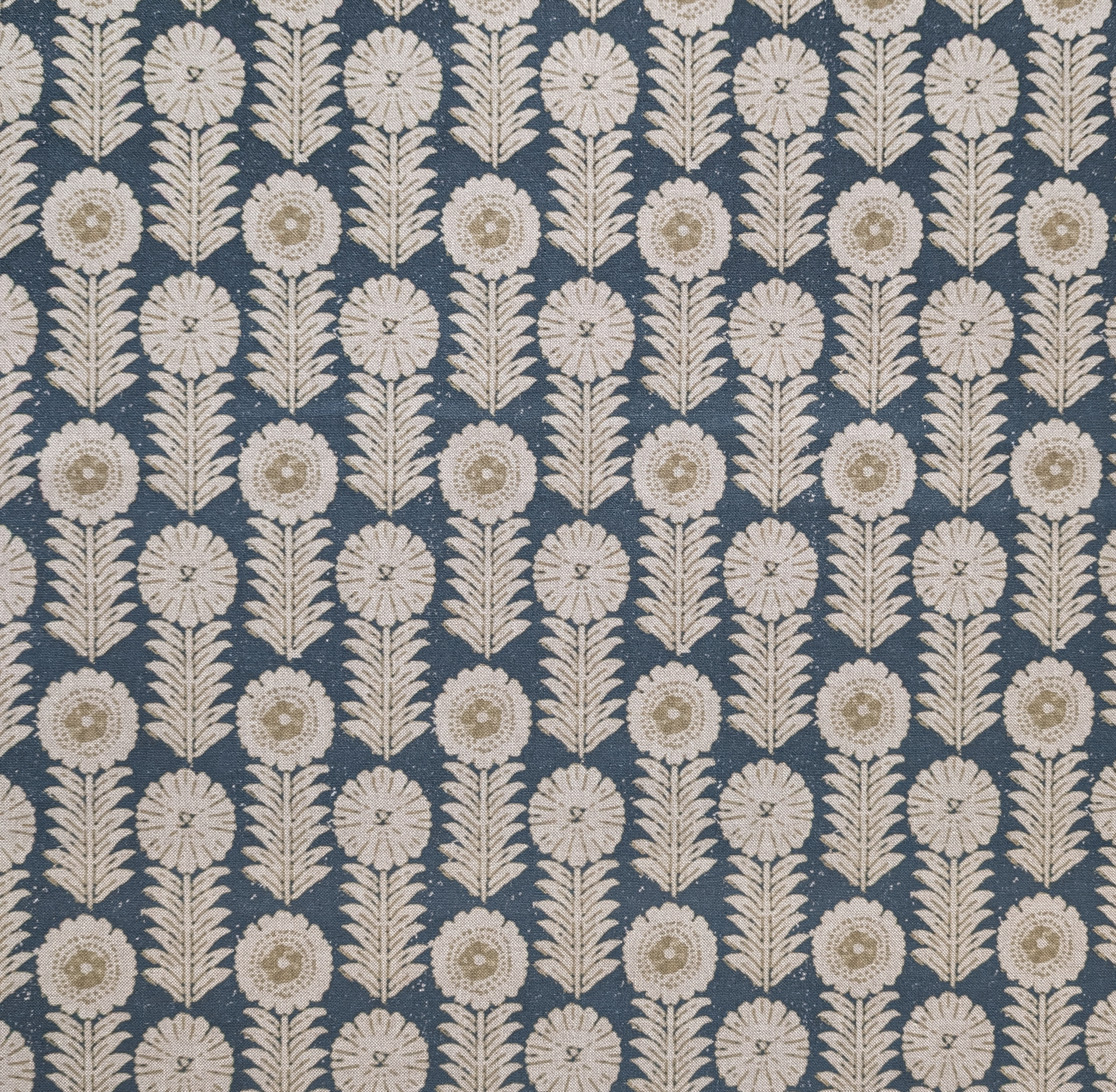 Patterned fabric with white floral design on a blue background
