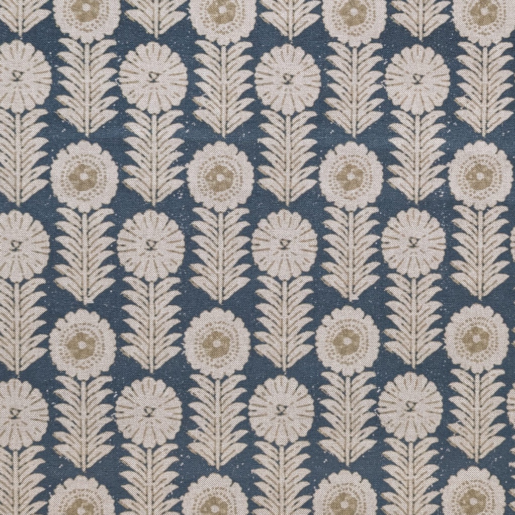 Patterned fabric with floral design on a blue background