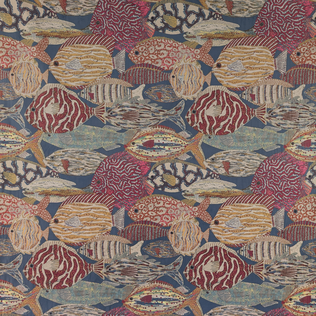 Patterned fabric with colorful fish design on a blue background