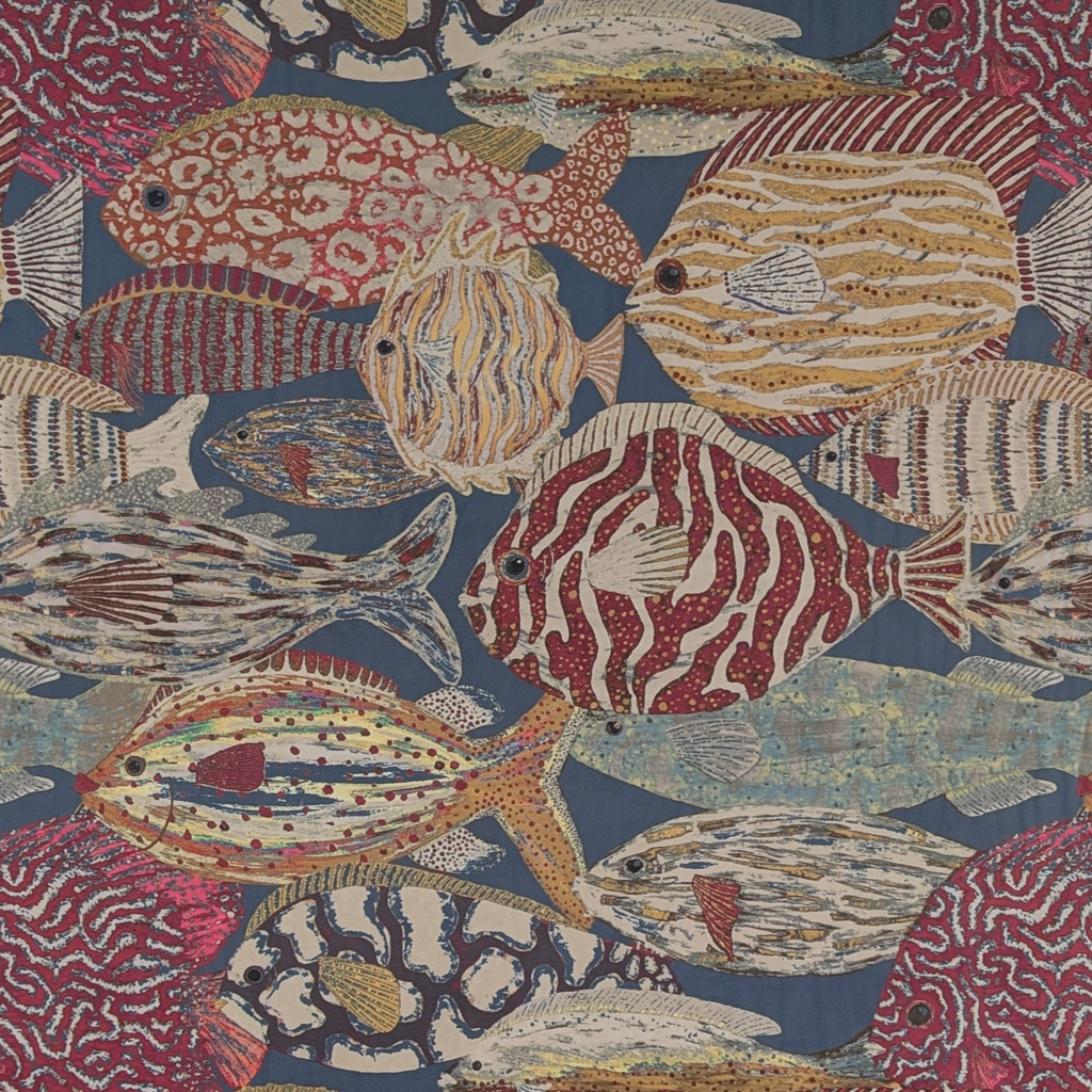 Patterned fabric with colorful fish design on a blue background
