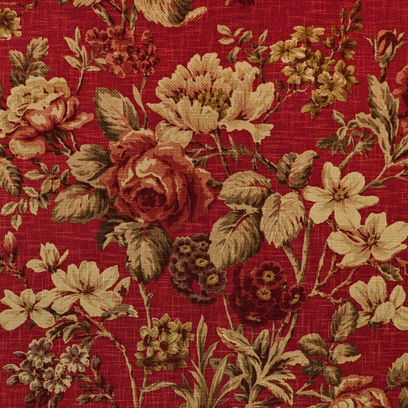 Floral pattern with roses and leaves on a red background