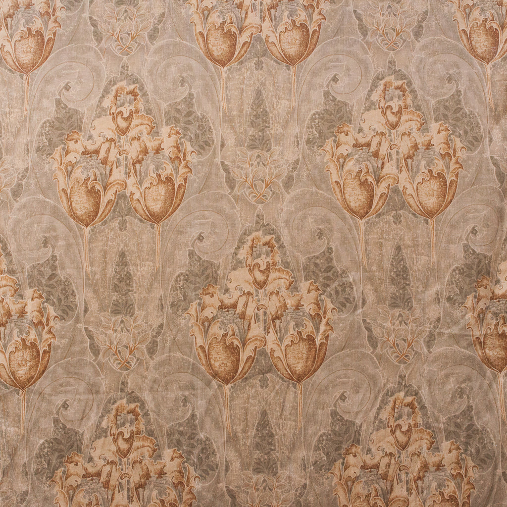 Decorative fabric with intricate floral and foliate design in brown tones.