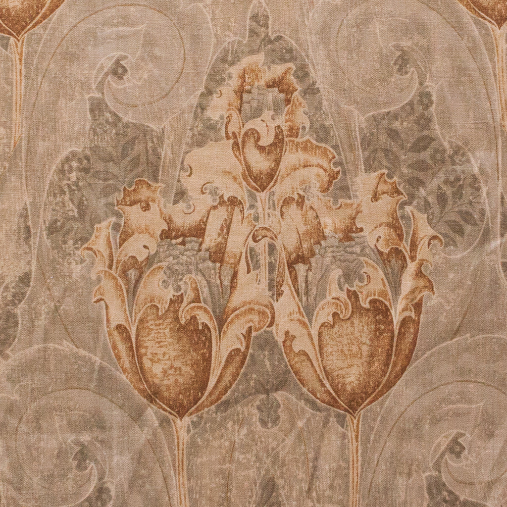 Decorative pattern fabric with stylized flowers in brown on a textured beige background