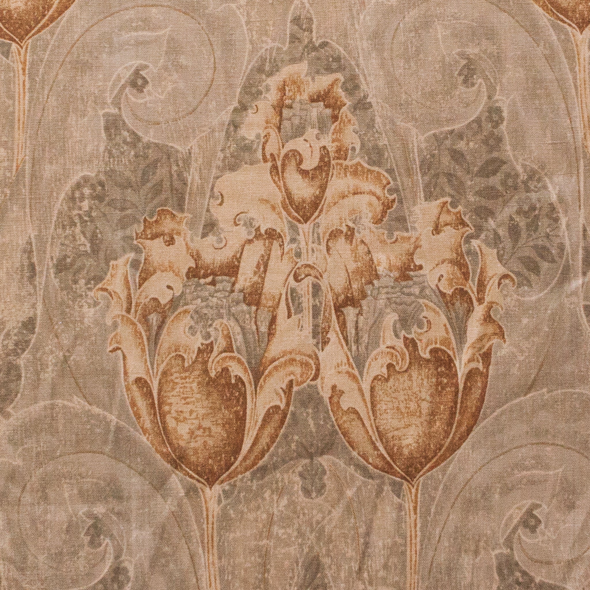 Decorative pattern fabric with stylized flowers in brown on a textured beige background