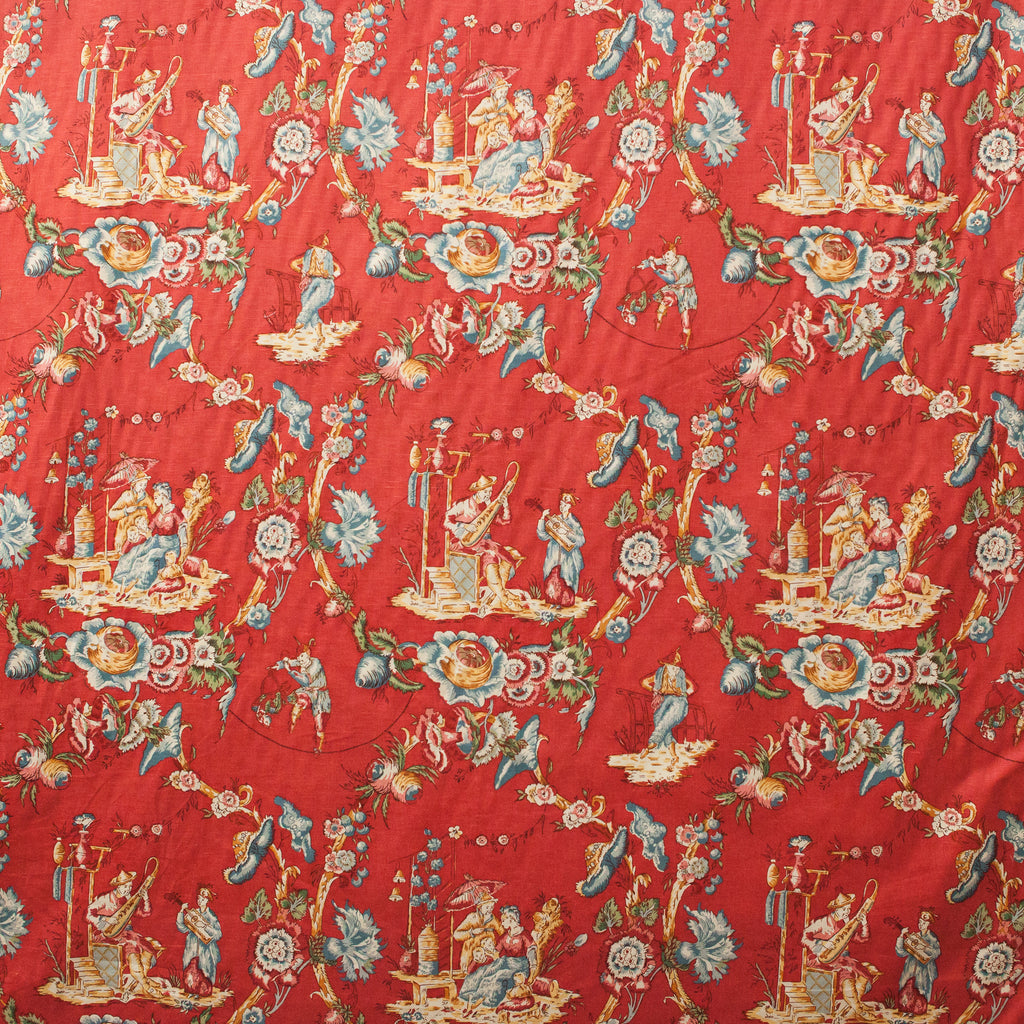 Red and blue toile design with flowers and people 