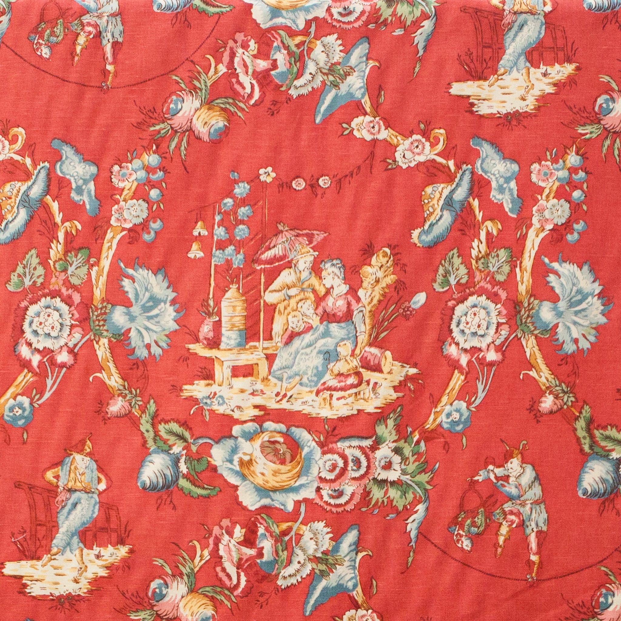Red and blue toile design with flowers and people 