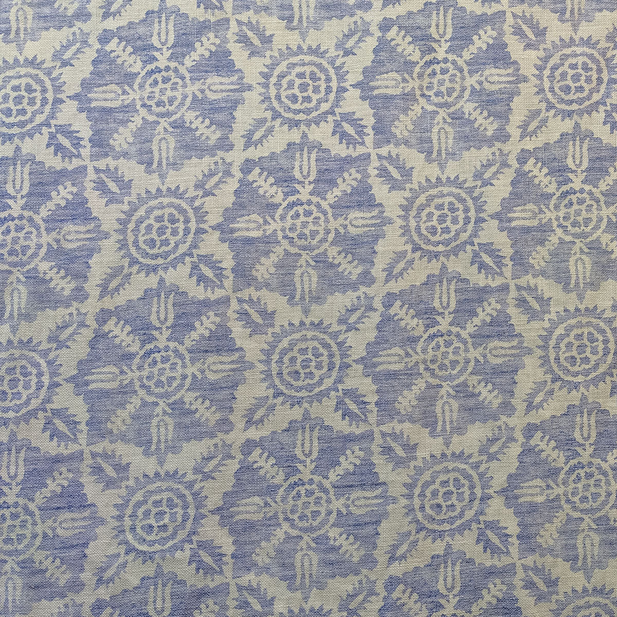 Patterned fabric with blue and beige design