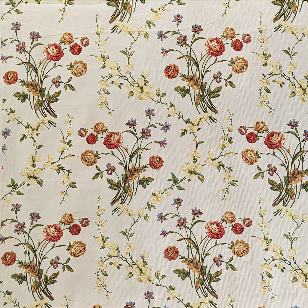 Floral patterned fabric with colorful flowers on a textured beige background