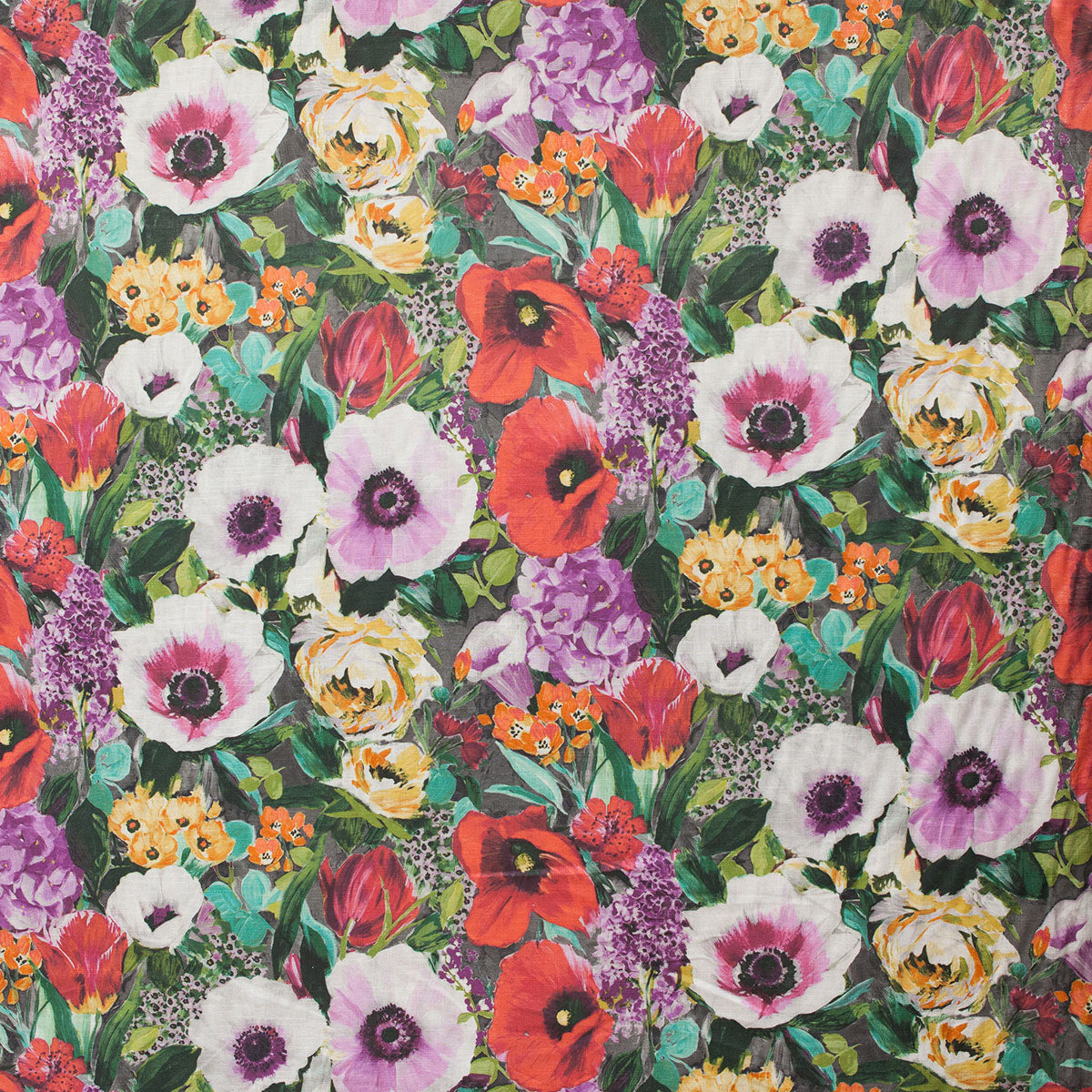 Vibrant floral pattern fabric with purple, yellow red and green 