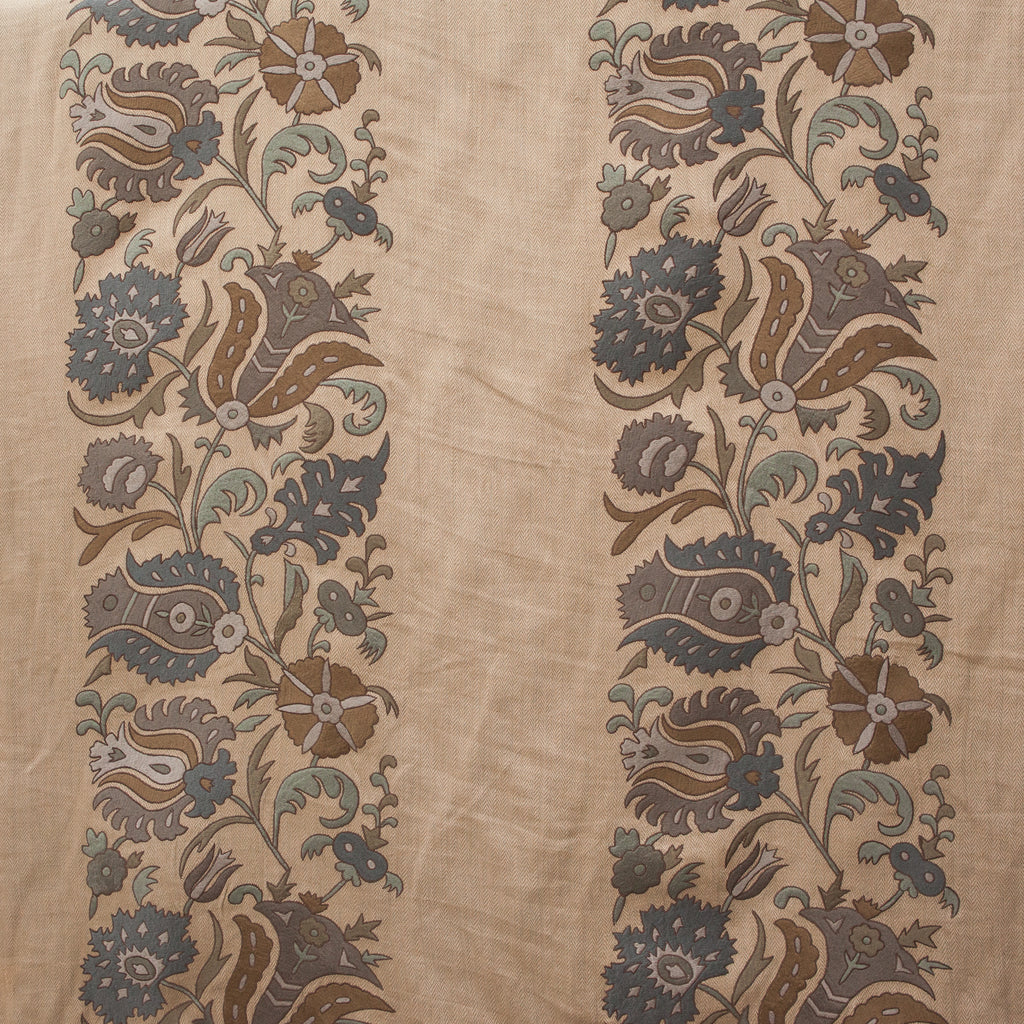 Embroidered natural herringbone with blue and brown thistle pattern 