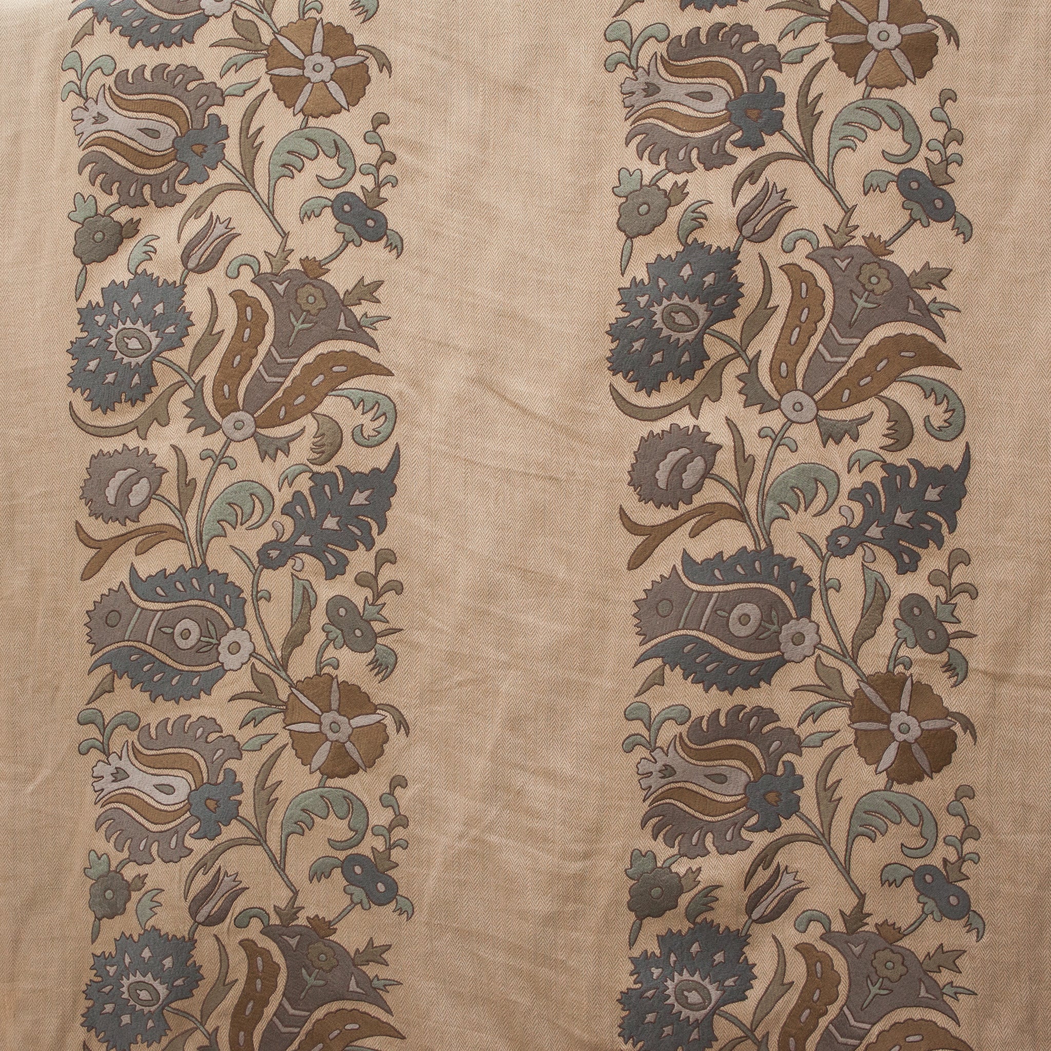 Embroidered natural herringbone with blue and brown thistle pattern 