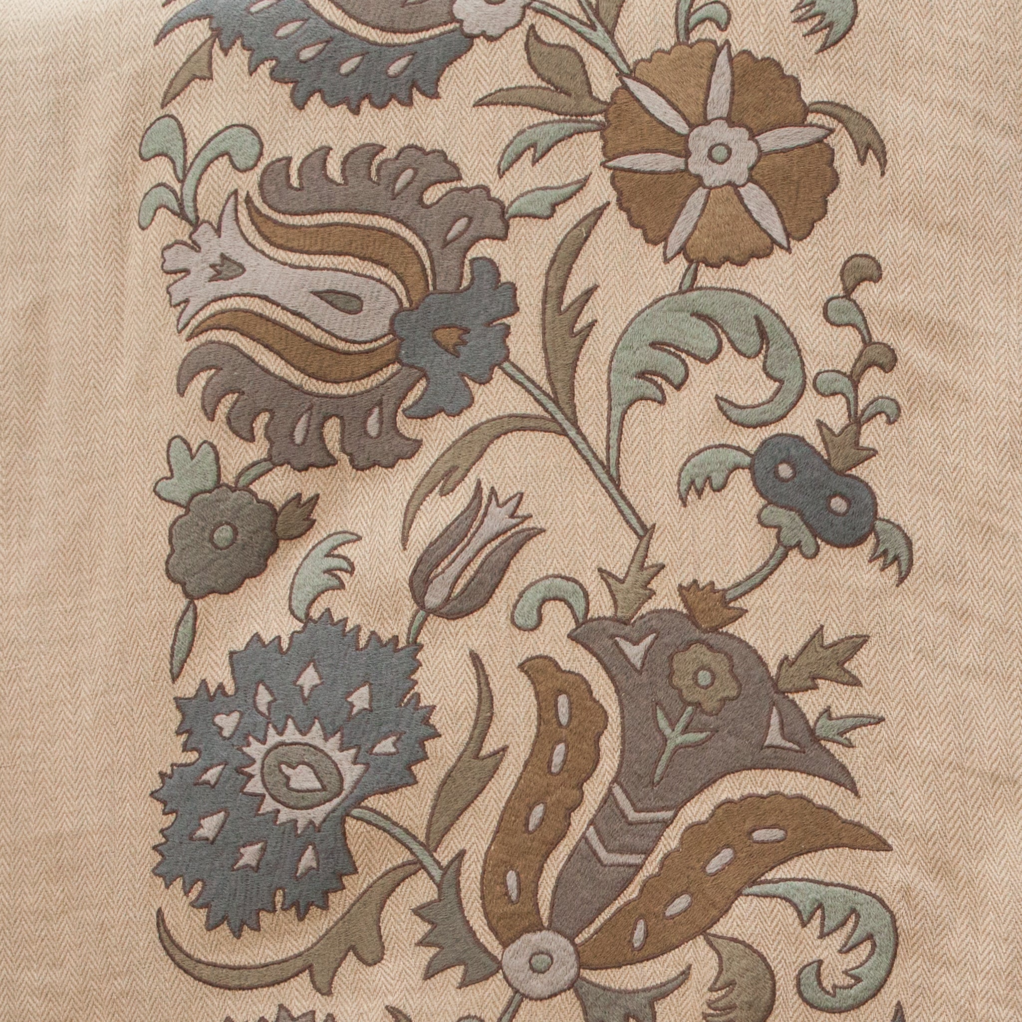 Embroidered natural herringbone with blue and brown thistle pattern 