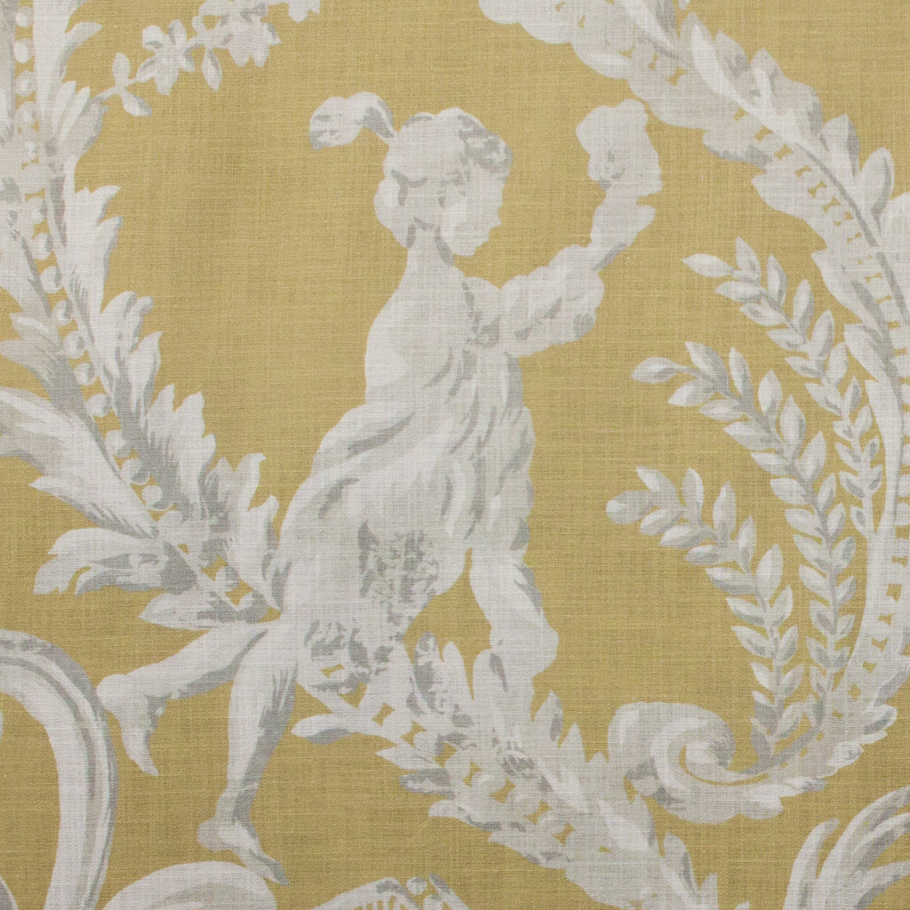 Decorative fabric pattern with classical figure and foliage on a yellow background