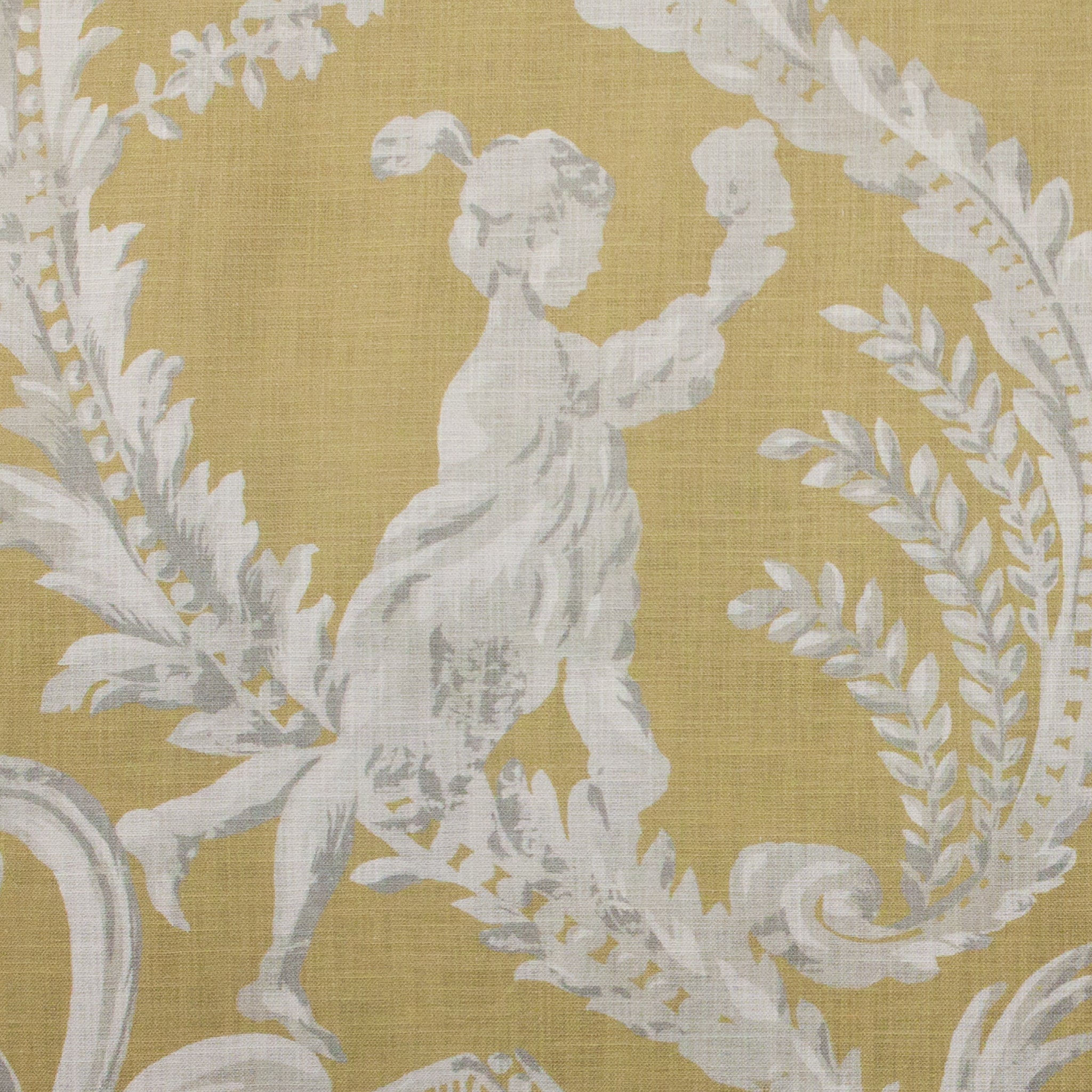 Decorative fabric pattern with classical figure and foliage on a yellow background