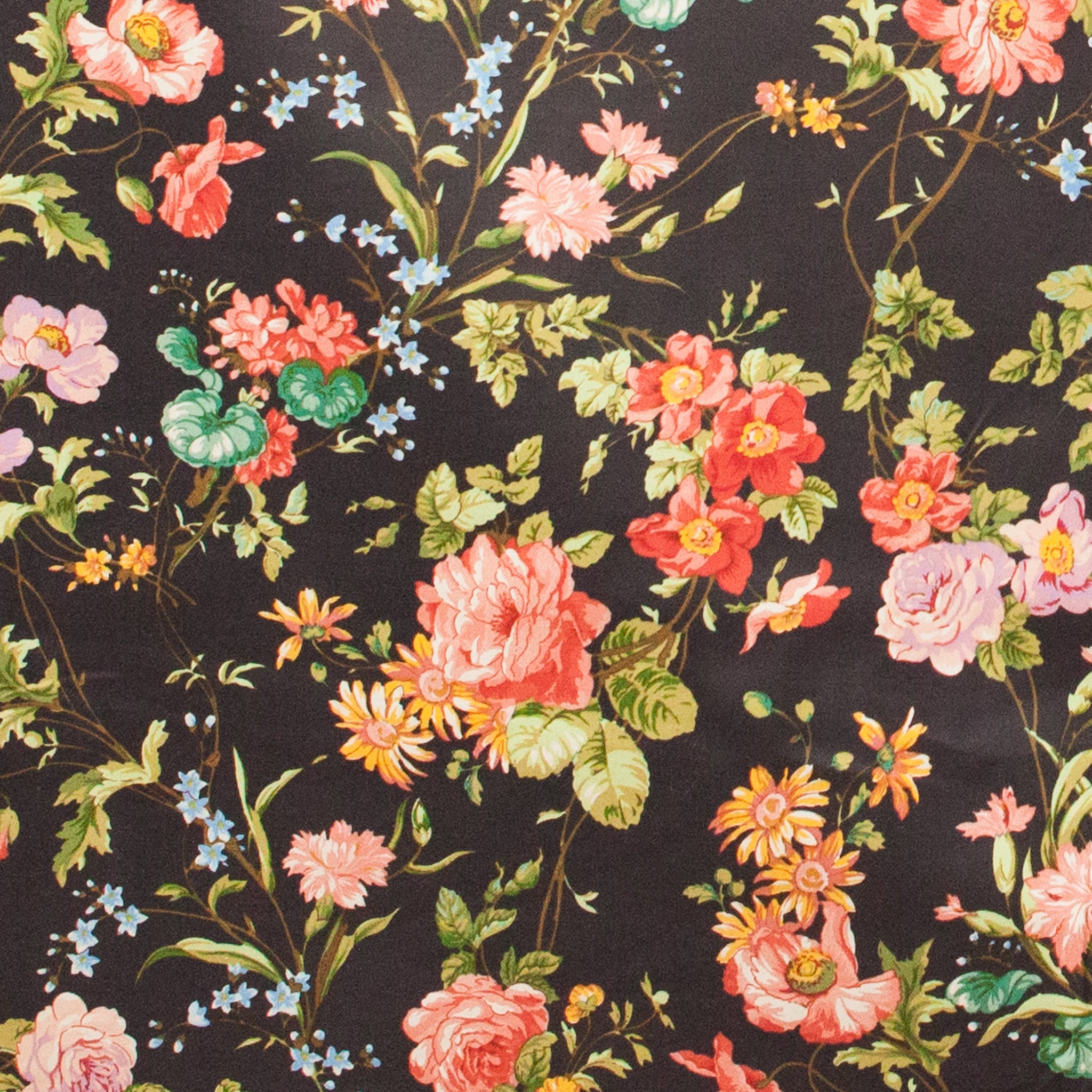 Floral pattern with pink, red, and green flowers on a black background