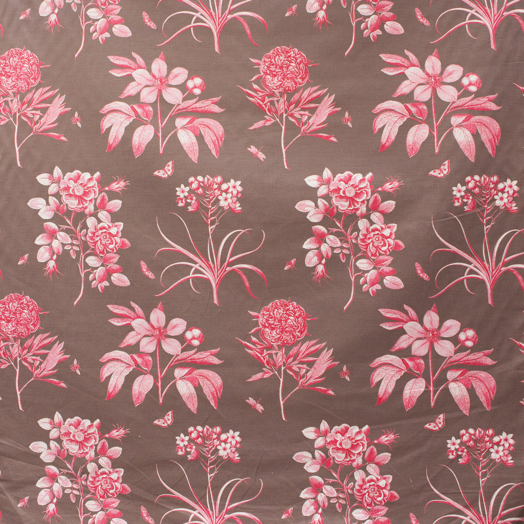 Floral pattern with pink flowers and green leaves on a brown background