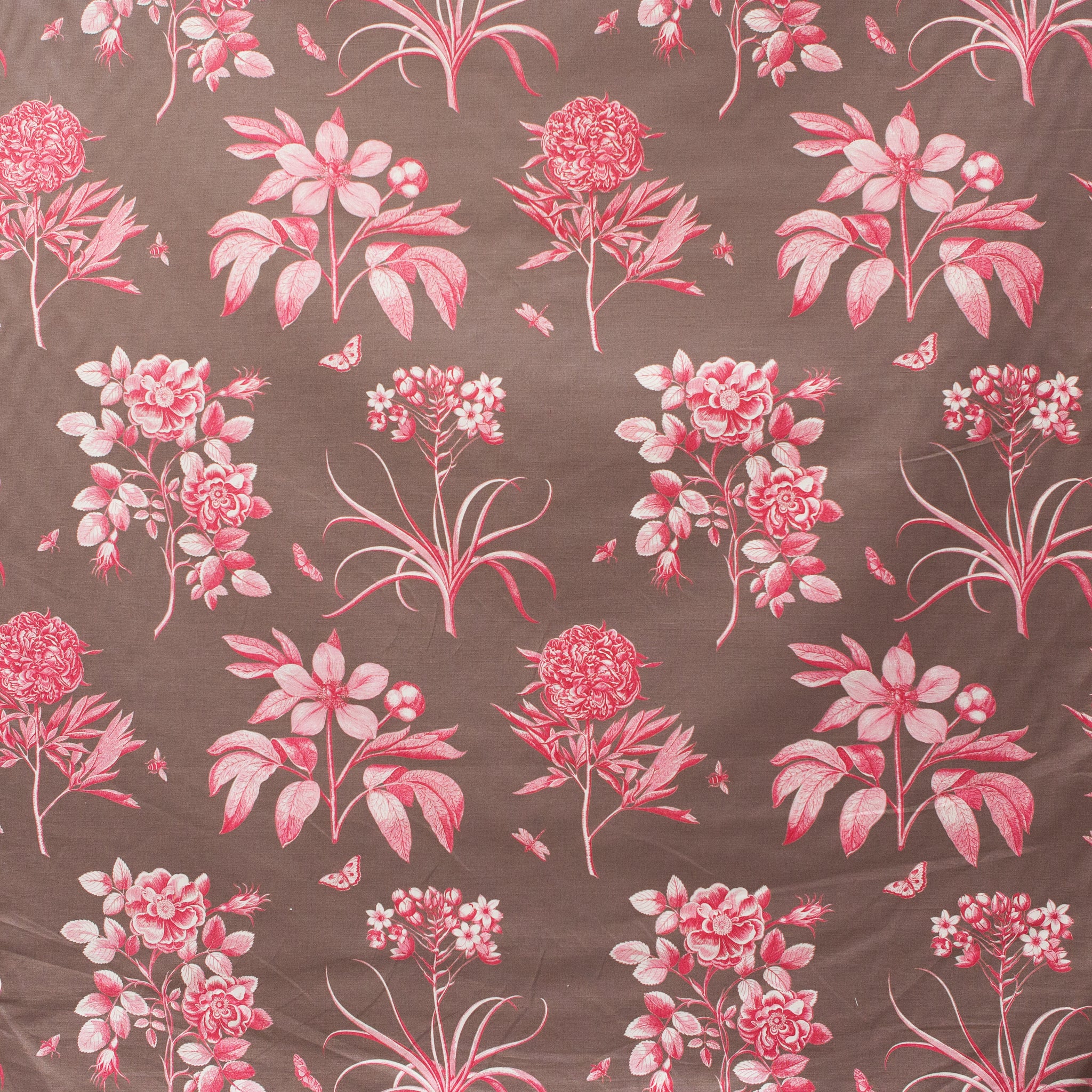 Floral pattern with pink flowers and green leaves on a brown background