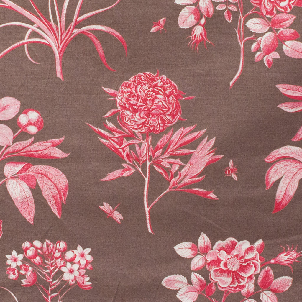 Floral pattern with pink flowers and leaves on a brown background