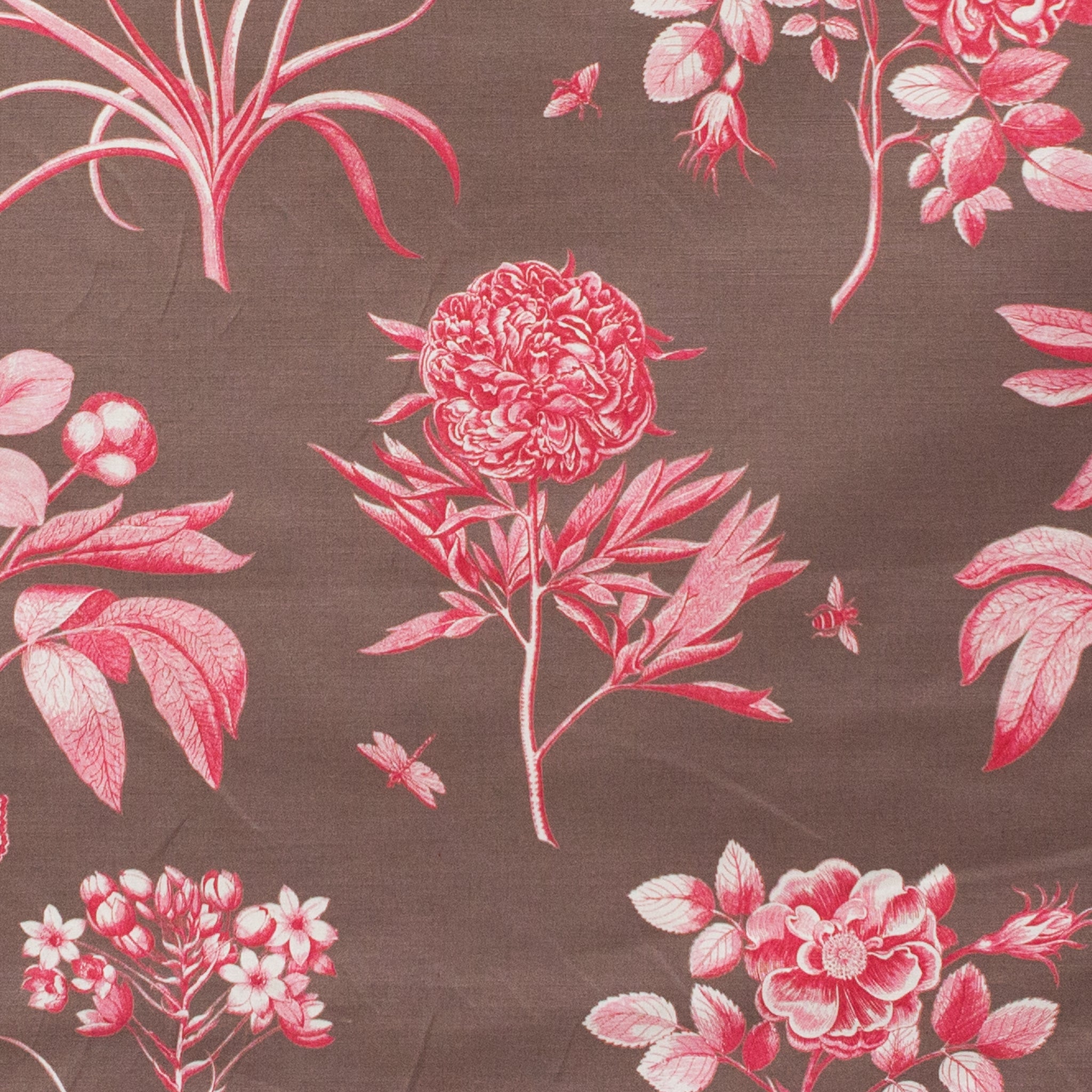Floral pattern with pink flowers and leaves on a brown background