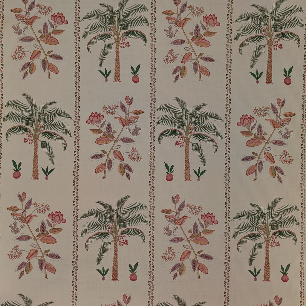 Patterned fabric with palm trees and floral designs on a beige background
