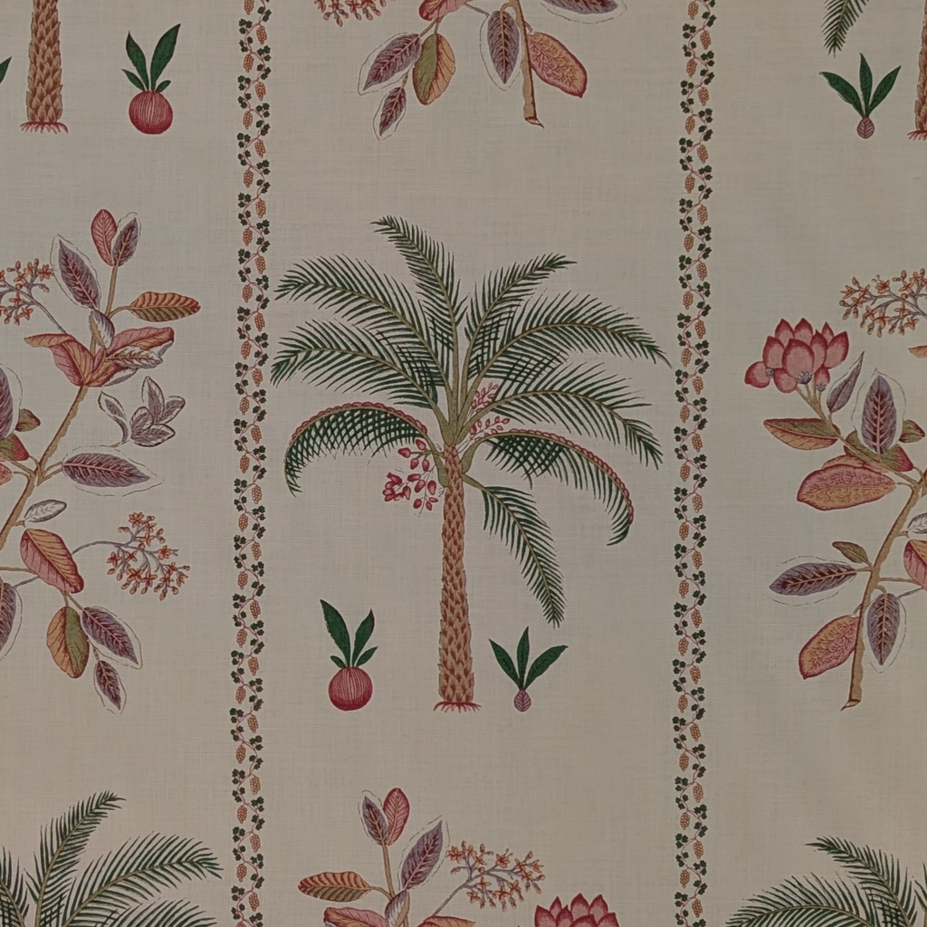 Tropical pattern with palm trees and floral elements on a beige background