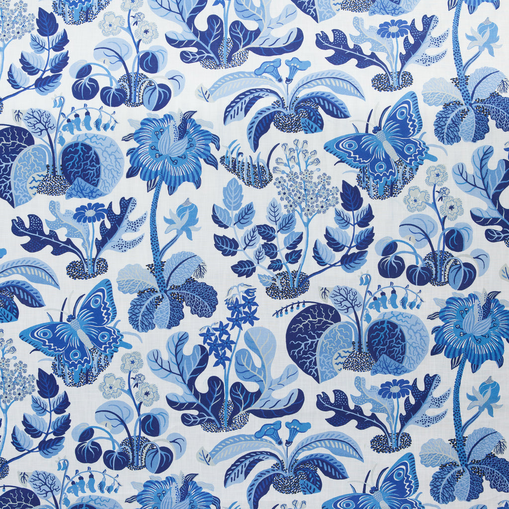 Pattern of blue butterflies and flowers on a white background