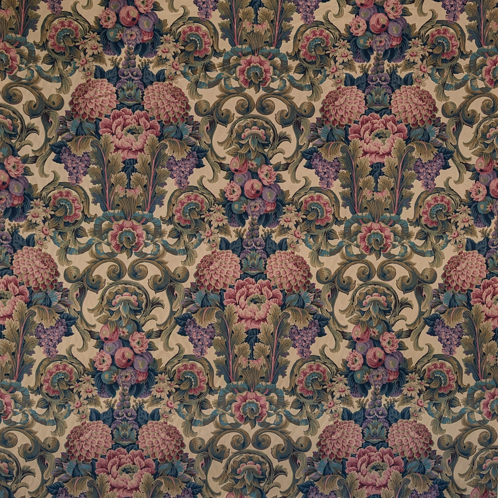 Decorative fabric pattern with flowers and swirls in pink, purple, and green on a beige background.
