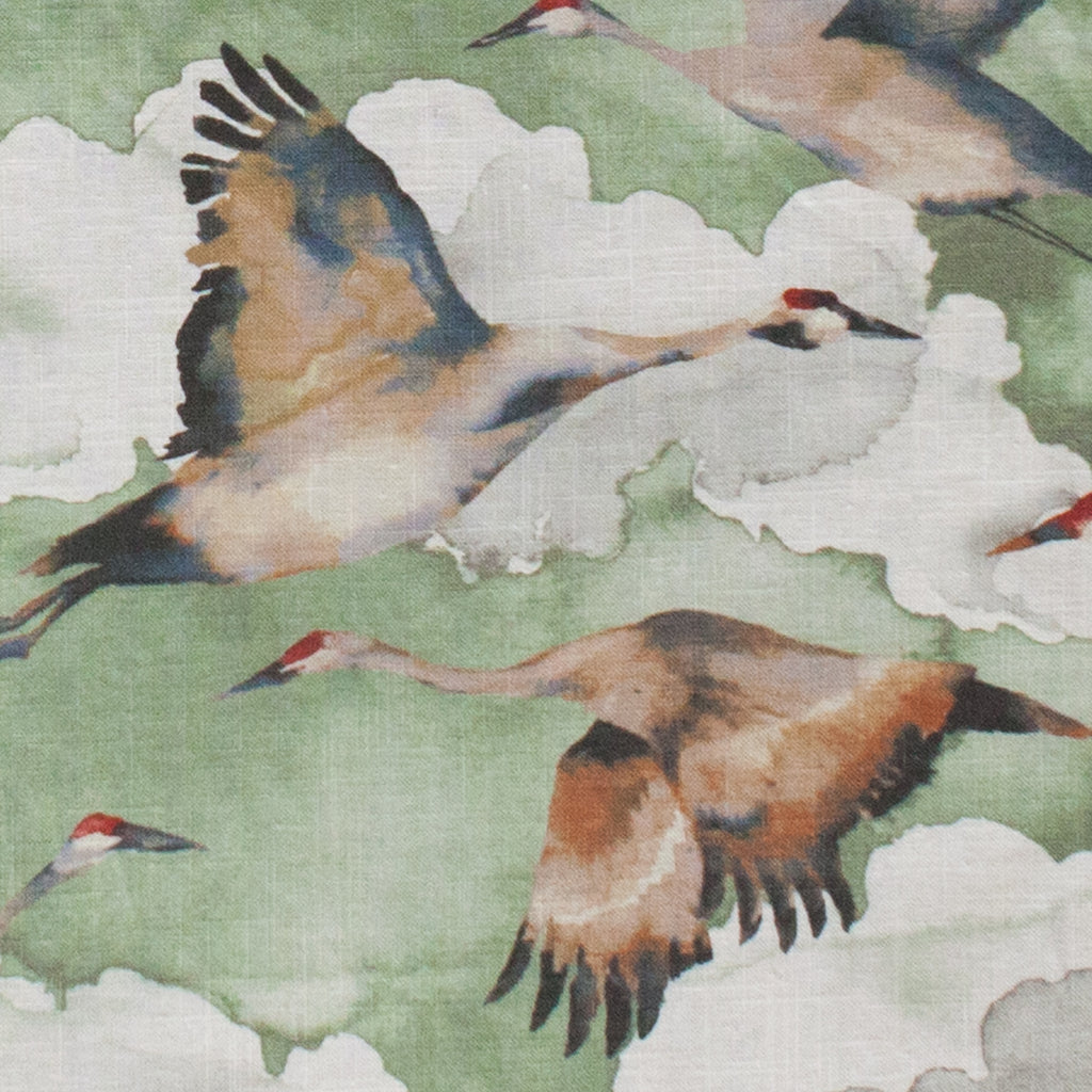 Illustration of cranes flying against a green background