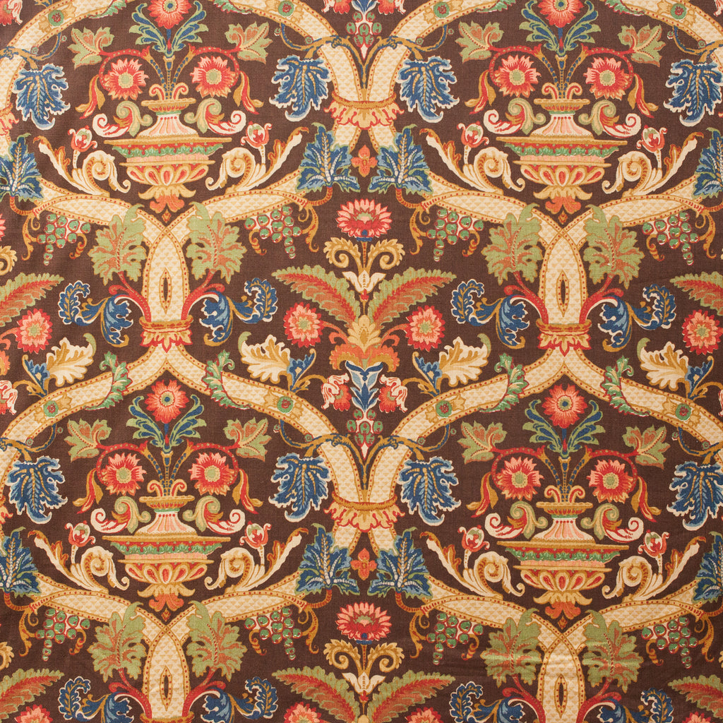 Decorative fabric with intricate floral and vase pattern on a brown background