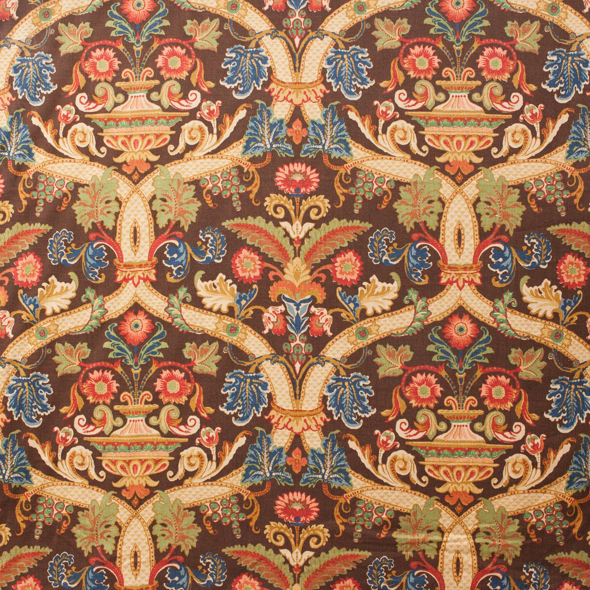 Decorative fabric with intricate floral and vase pattern on a brown background