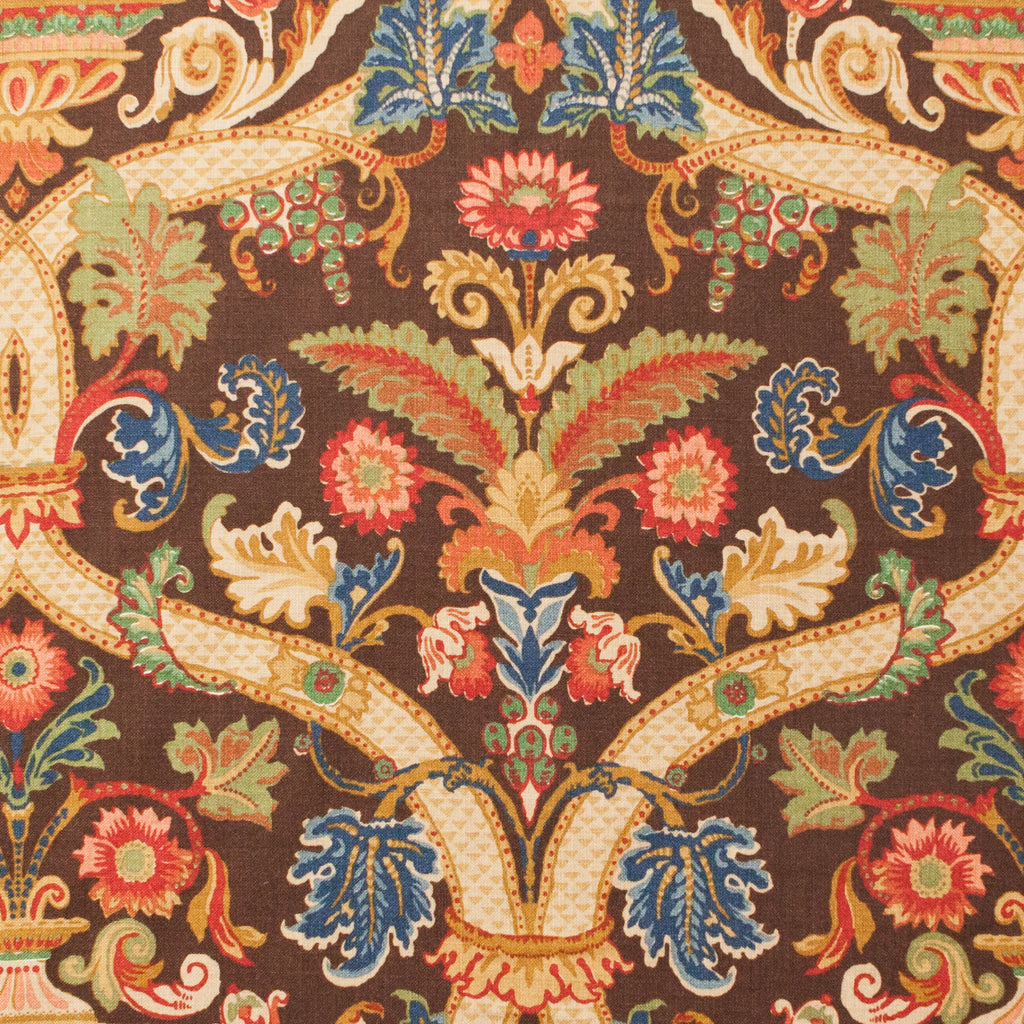 Decorative fabric pattern with colorful floral and leaf designs on a brown background