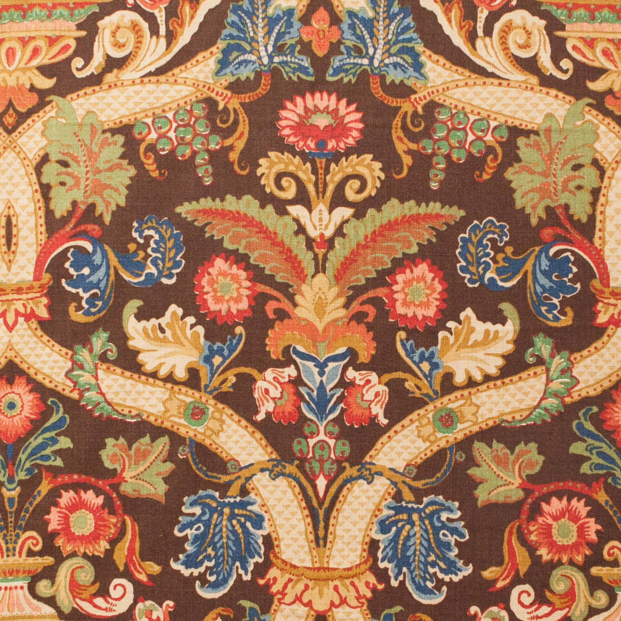 Decorative fabric pattern with colorful floral and leaf designs on a brown background