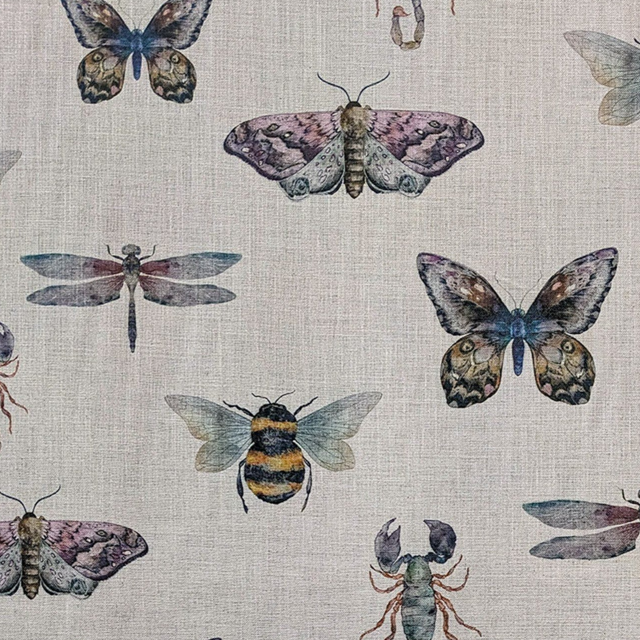 Pattern of various insects on a textured fabric background