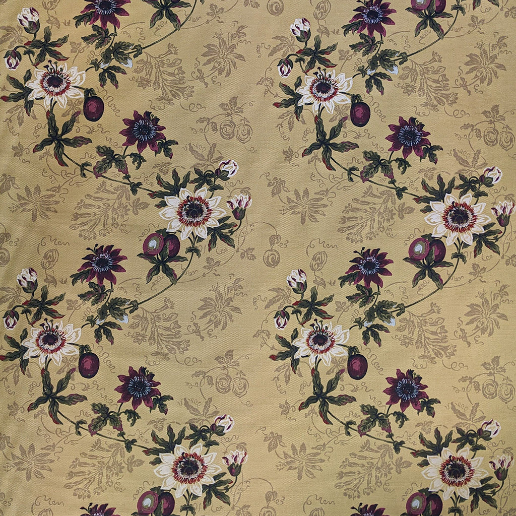 Floral vine pattern in white and burgundy on beige fabric