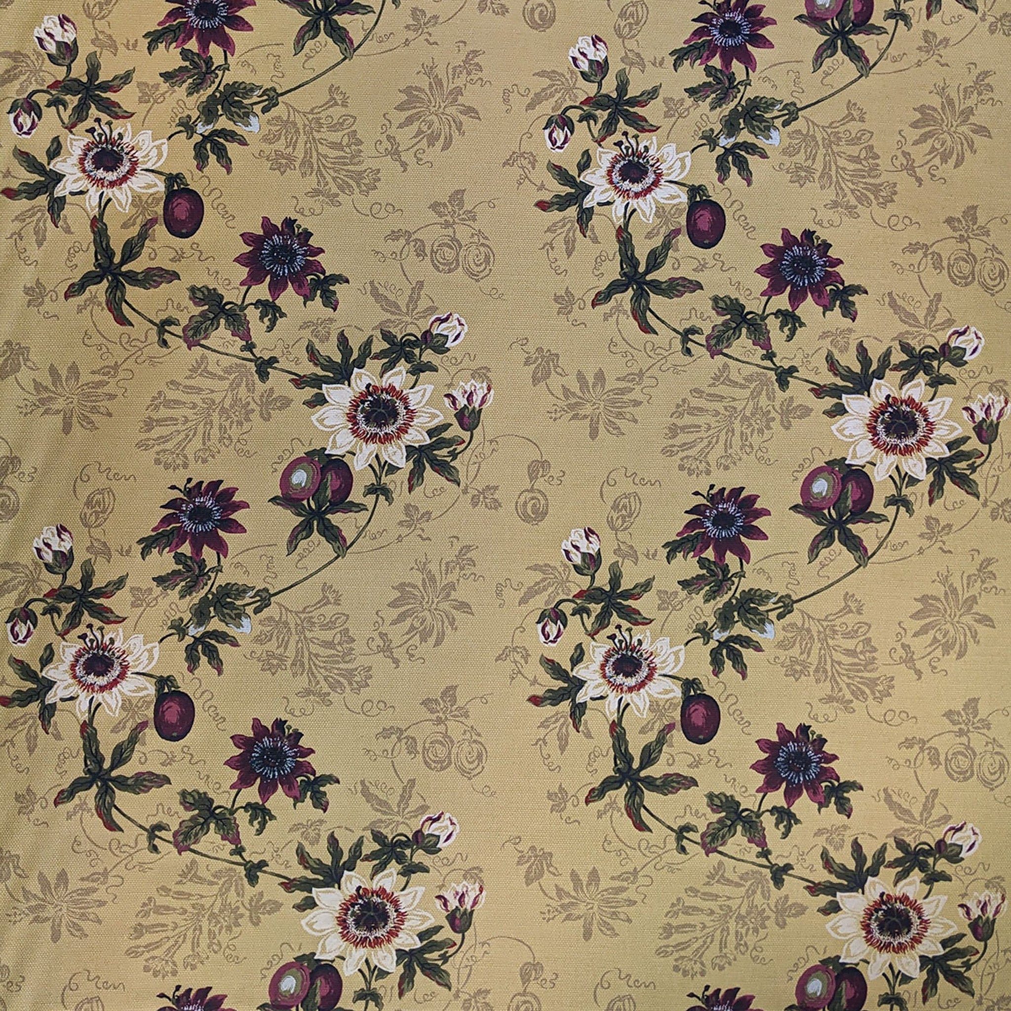 Floral vine pattern in white and burgundy on beige fabric