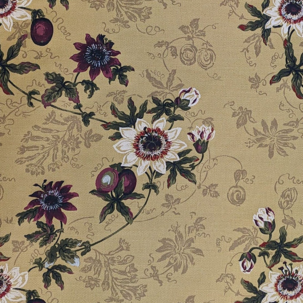 Floral vine pattern in white and burgundy on beige fabric