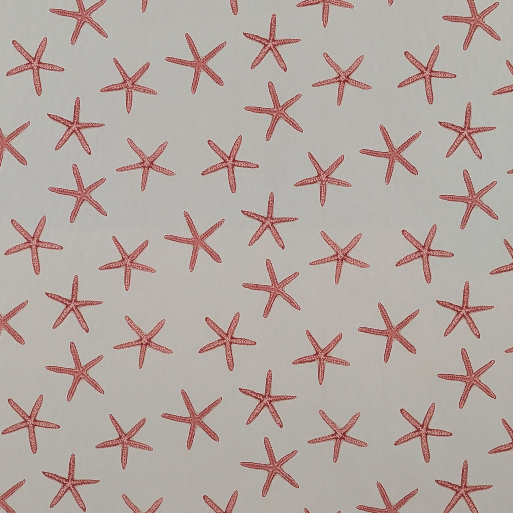 Pattern of red starfish shapes on a beige background