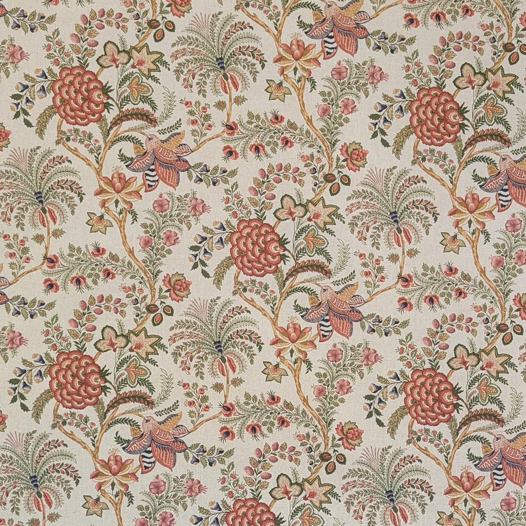 Green and pink tree vine and floral pattern on fabric