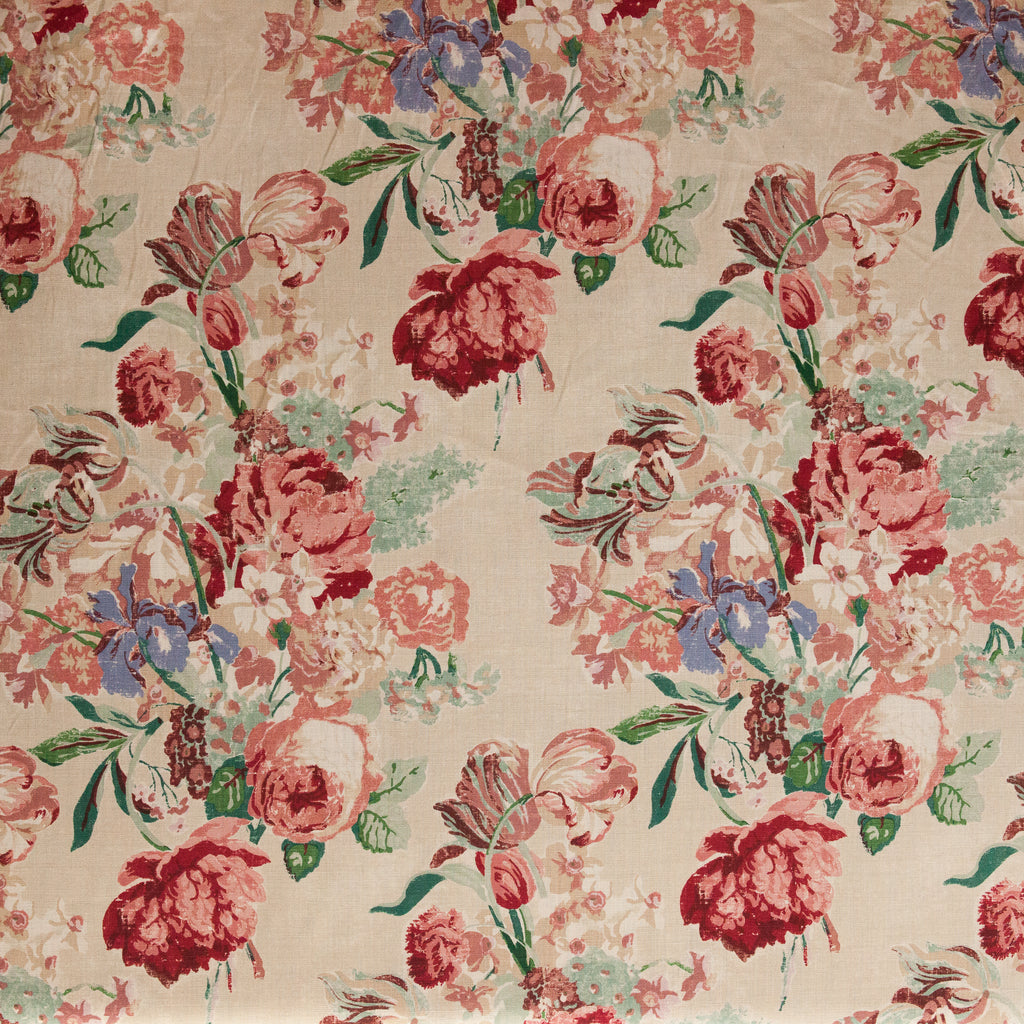 Floral patterned fabric with red, pink, and green flowers on a beige background