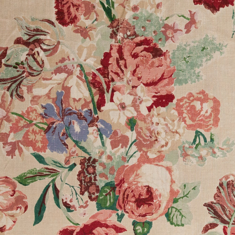 Floral pattern with red, pink, and blue flowers on a beige background