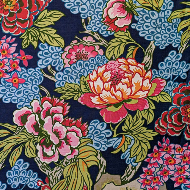 Colorful floral fabric pattern on a dark blue background