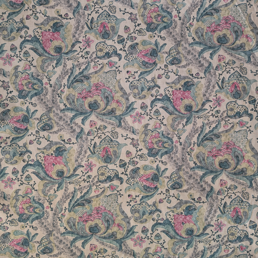 Decorative fabric pattern with floral and Jacobean designs in blue, pink, and beige.